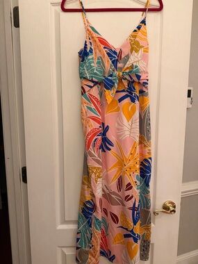 entro Pink Tropical Print Midi Dress with Multi-Color Leaves